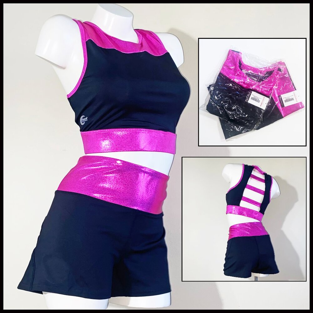 NEW "CHASSE" XXL BLACK AND GLITTER PINK CHEER OUTFIT - SPORTS TOP & SHORTS